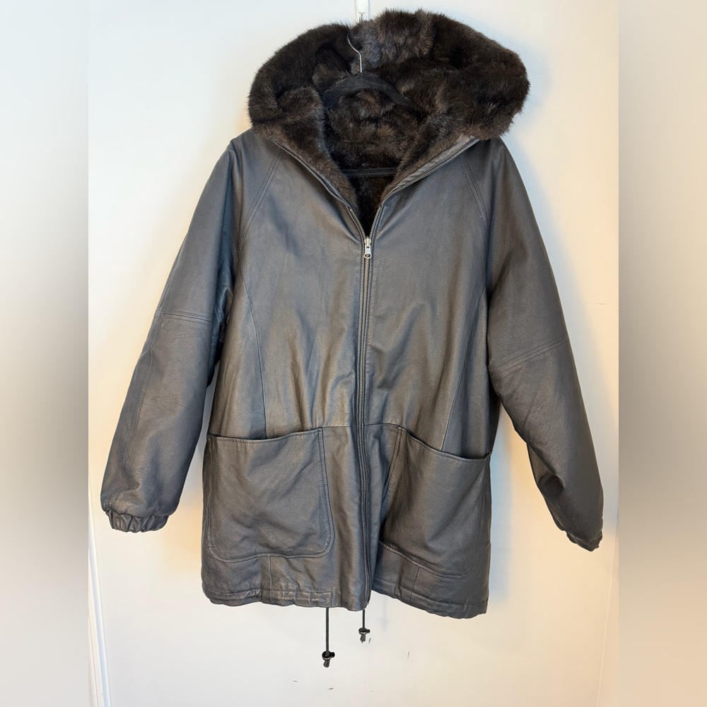 John Weitz Men’s Reversible Faux Leather Faux Fur Hooded Winter Coat Size Large
